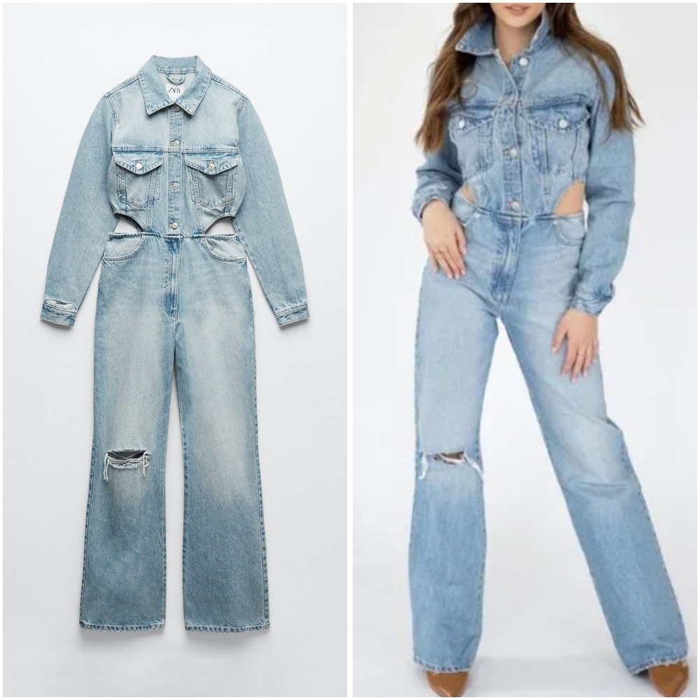 Zara Full Length Cutout Denim Jean Jumpsuit Limited Edition XS